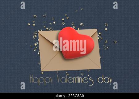 Alles Liebe zum Valentinstag mit Umschlag rot Herz Gold Konfetti Gold Text Alles Liebe zum Valentinstag. 3D-Rendering Stockfoto