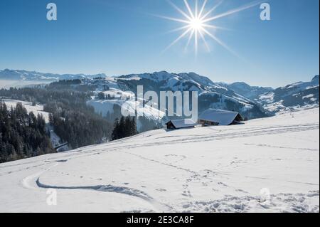 Verträumte verschneite Winterlandschaft am Jaun Pass in den Berner Alpen Stockfoto