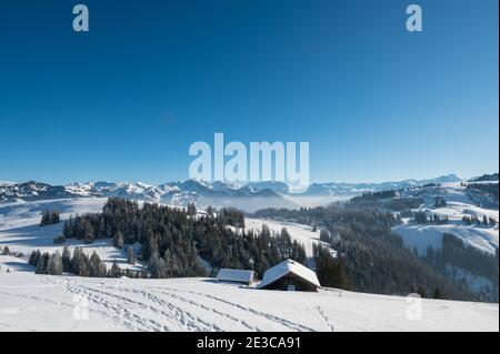 Verträumte verschneite Winterlandschaft am Jaun Pass in den Berner Alpen Stockfoto