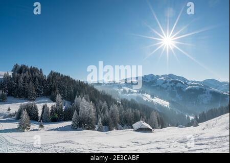 Verträumte verschneite Winterlandschaft am Jaun Pass in den Berner Alpen Stockfoto