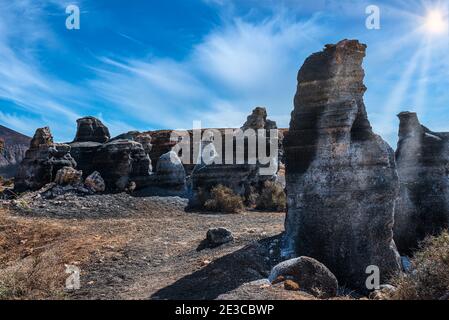 Rofera de Teseguite bekannt als Stratificed City, erodierte vulkanische Gesteinsformation auf Lanzarote, Kanarische Inseln Stockfoto