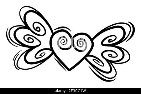 Valentinstag Thema Doodle Vektor-Symbol von Hand gezeichneten Herzen Form mit kleinen Flügeln isoliert auf weißem Hintergrund Stock Vektor