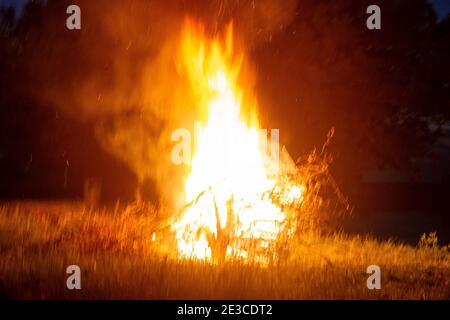 Großes schönes Lagerfeuer im Nachtwald im Ferienbad. Tourismus und Erholung im Wald vor dem Hintergrund des Nachthimmels Stockfoto