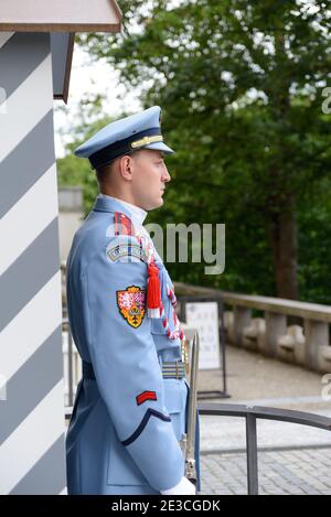 Prag, Tschechische Republik - 25. Juli 2017: Eine Sentry des königlichen Palastes in seinem wachekasten außerhalb der Prager Burg und Sitz des Staatsoberhauptes des Neuen Stockfoto