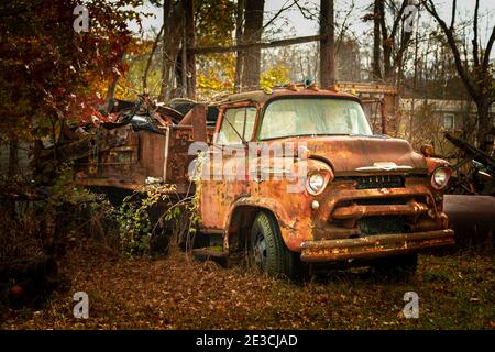 Ein alter chevrolet Grain Truck raubt in einem Schrottplatz für diese Herbstszene. Dieses Bild wurde im westlichen Jackson County aufgenommen, IN. Stockfoto