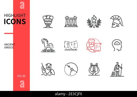 Altes Griechenland - modernes Liniendesign Stil Ikonen gesetzt. Griechische Kultur Zeichen und Symbole, Geschichte Idee. Vase, Parthenon, Olympische Spiele, Trojanisches Pferd, Thea Stock Vektor