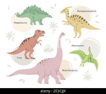 Verschiedene Dinosaurier - Satz von flachen Design-Stil Zeichen. Ausgestorbene Tiere, Dino-Sammlung. Prähistorische Zeiten Idee. Bunte Bilder von pteranodon, br Stock Vektor