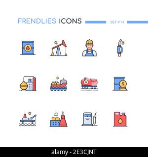 Ölindustrie - moderne Linie Design Stil Ikonen gesetzt. Fass, Pumpe, Arbeiter, Anlage, Raffinerie, Tanker, Kraftstofftank und Düse, Preise, Plattform, Tankstelle, Stock Vektor