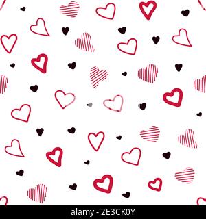 Farbmuster mit Herzen. Chaotische Muster Herzen. Nahtlose Vektor-Muster rote Herzen und schwarze Punkte auf weißem Hintergrund. Doodle-Stil. Hintergrund für Stock Vektor