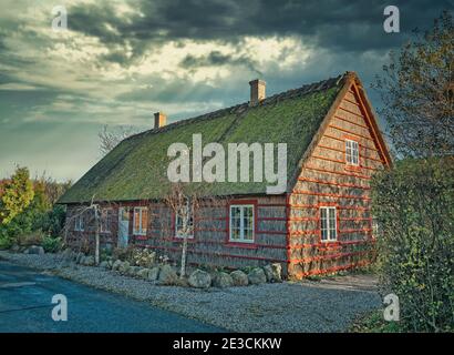 Wände und Dach reetgedeckte Häuser in Hesnaes auf Falster ländlich Dänemark Stockfoto