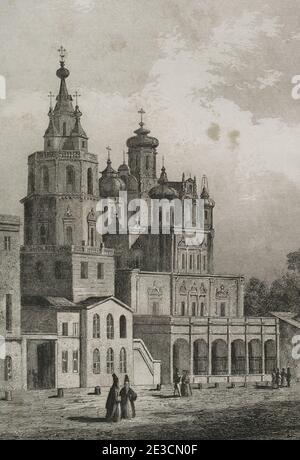 Russland, Moskau. Die Kirche der Annahme in der Pokrovka Straße. Beispiel der Barockarchitektur von Narysnkin. Es wurde 1936 abgerissen. Stich nach Cadolle und gestochen von Gibert. Geschichte Russlands von Jean Marie Chopin (1796-1870). Panorama Universal, spanische Ausgabe, 1839. Stockfoto