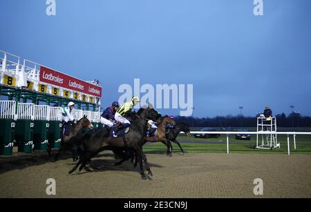 Läufer und Reiter brechen beim Start der Ladbrokes Football Acca Boosty Handicap auf der Rennbahn Wolverhampton vom Stand ab. Bilddatum: Montag, 18. Januar 2021. Stockfoto