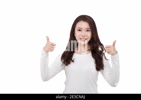 Portrait der jungen Frau mit Daumen nach oben hochwertige Foto Stockfoto