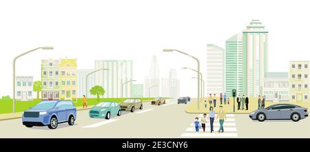 Straßenverkehr mit Menschen auf dem Bürgersteig Abbildung Stock Vektor