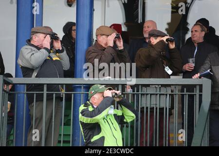 Neujahrsrennen auf der Rennbahn Ayr, Ayr, Ayrshire, Schottland, Großbritannien. 2. Januar 2018. Männer in der Tribüne nutzen Ferngläser, um das Rennen zu verfolgen Stockfoto