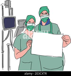 Arzt und Krankenschwester mit Gesichtsmask hält ein Banner, Illustration Vektor Stock Vektor