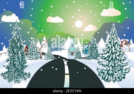 Winterstraße in die verschneite Dorflandschaft, Weihnachtsgrüße. Stock Vektor