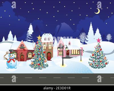 Winterstraße in die verschneite Dorflandschaft, Weihnachtsgrüße. Stock Vektor