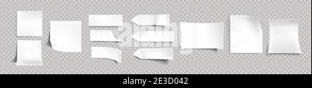 Weiße Aufkleber in verschiedenen Formen mit Schatten und gefalteten Kanten, Tags, Haftnotizen für Memo-Mockup isoliert auf einem transparenten Hintergrund. Papier Klebeband, leere Rohlinge realistische 3d-Vektor-Set Stock Vektor