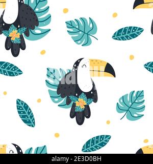 Niedliche kindliche tropische nahtlose Muster mit Tukan, Monstera, Blumen und Blätter isoliert auf weißem Hintergrund. Handgezeichneter Vektor im skandinavischen Stil Stock Vektor