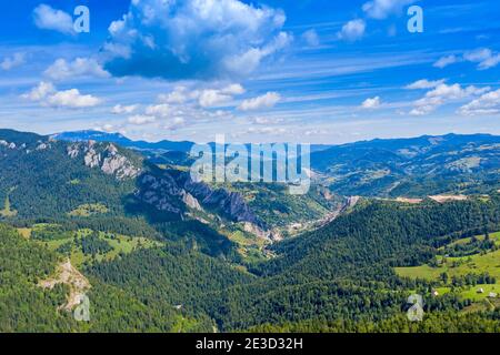 Luftpanorama der Hamas-Berge im Sommer, Wiesen und Wälder von oben in den rumänischen Karpaten. Stockfoto