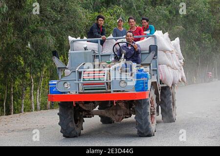 Primitiver LKW für den Transport von Reisarbeitern und Reistüten im Tra Su Cajuput Forest, Tinh Bien, an Giang Provinz im Mekong Delta, Vietnam Stockfoto