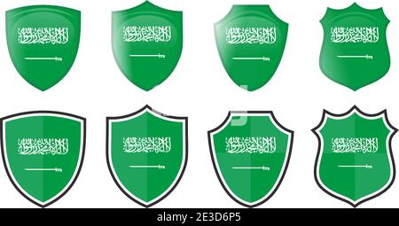 Vertikale Saudi-Arabien Flagge in Schildform, vier 3d und einfache Versionen. Stock Vektor