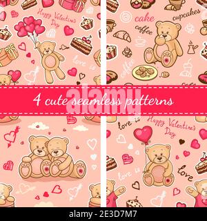 Set von nahtlosen valentine Hintergründe mit Teddybären. Verwenden Sie es für Kindertapete, Geschenkverpackung, Drucke für Babykleidung, Drucke für Bettwäsche, Stock Vektor