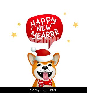 Netter Hund mit Happy New Year Inschrift. Lächelnder gelber Hund mit rotem weihnachtsmann Hut auf blauem Weihnachtshintergrund. Akita inu. Wintersaison Stock Vektor