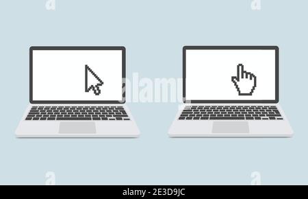 Laptop mit Zeiger oder Cursor-Symbol isoliert. Bildschirmvorlage für das Notebook. Stock Vektor