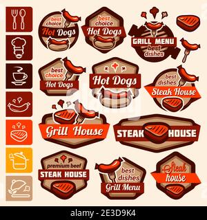 Fast Food und BBQ Grill Elemente, typografisches Design Label oder Sticker. Designvorlage. Vektorgrafik. Stock Vektor