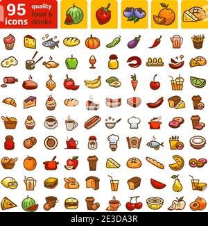 Großer Satz von Lebensmitteln Symbole und Aufkleber. Farbliche Designelemente. Stock Vektor