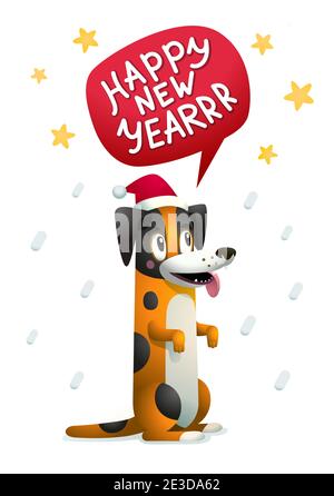 Netter Hund mit Happy New Year Inschrift. Stilvoller gelber Hund mit weihnachtsmann roten Hut auf weißem Hintergrund. Konzept für die Wintersaison. Symbol für Stock Vektor