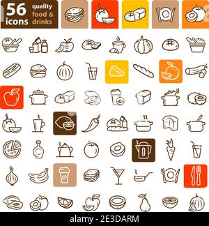 Liniensymbol für Speisen und Getränke, Vektorset. Stock Vektor