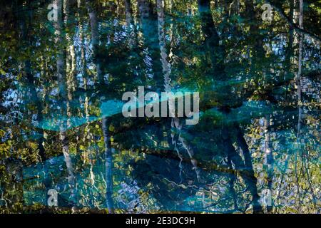 Landschaft von 'Kaminokoike', einem Teich, der für sein klares Wasser und seinen blau leuchtenden Seegrund im touristischen Gebiet des Akan Mashu Nationalparks in Hokkaido berühmt ist, Stockfoto