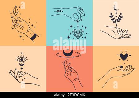 Weibliche Hände. Handgezeichnete minimale Handgesten. Feminine Arme mit Kristall, Herz und Blume Vektor Illustration Set Stock Vektor