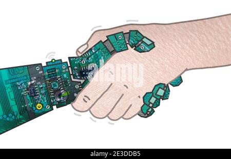 Hand Drawn Robot and Human shaking hands - Collage Stockfoto