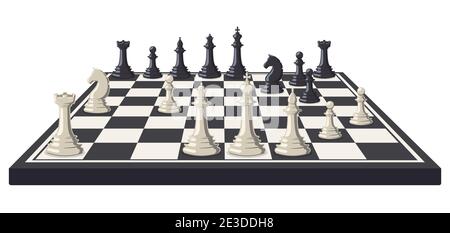 Schachbrett. Logische, intellektuelle Spiel Schachbrett, Schachspiel schwarz und weiß Stücke. Schachturnier Brettspiel Vektor Illustration Set Stock Vektor