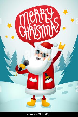 Rock-n-Roll Santa. Singender Weihnachtsmann - Rockstar mit fröhlichen weihnachtstext Sprechblase auf blauem weihnachtshintergrund. Weihnachts-Hipster-Poster für Stock Vektor