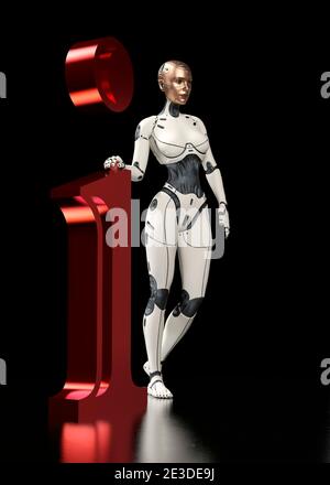 Eine weiße Cyborg hält den Buchstaben i. Information Illustration - 3d Rendering Stockfoto