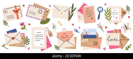 Briefumschläge versenden. Postkarten, Briefumschläge, Briefmarken, Bastelbriefe und Briefumschläge. Portokarten, niedliche Umschläge Vektor Illustration Set Stock Vektor