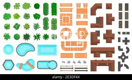 Elemente der Architekturlandschaft. Outdoor City Draufsicht Bäume, Häuser, Straßen und Holzmöbel Vektor-Illustration-Set. Landschaftsbau Stock Vektor