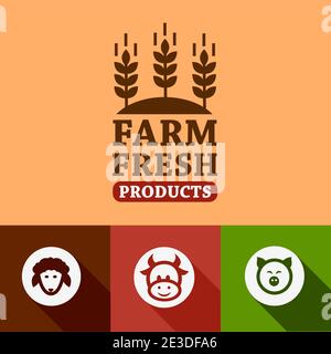 Flat Farm Frische Etiketten. Vektor-Zeichensatz für den ökologischen Landbau. Stock Vektor