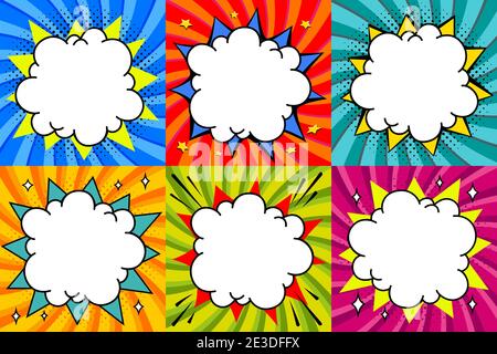 Sprechblasen eingestellt. Pop Art Stil leere Sprechblasen Vorlage für Ihr Design. Klare leere Bang Comic Sprechblasen auf farbigen verdrehten Hintergründen Stock Vektor