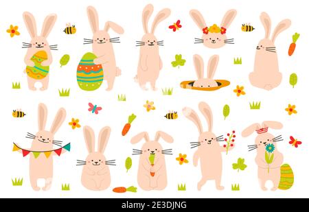 Niedlicher osterhase. Frühling lustige Kaninchen, osterhasen Maskottchen mit Eiern. Urlaub niedlichen Tiere Vektor-Illustration Symbole gesetzt Stock Vektor