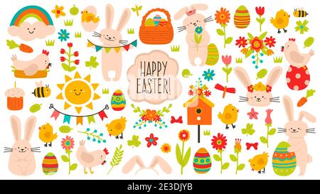 Niedliche osterelemente. Frühling ostern nette Dekoration, Eier, Hühner, Blumen und Kaninchen. Ostern Urlaub Dekoration Symbole Vektor Illustration Set Stock Vektor