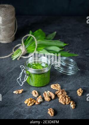 Glas hausgemachtes Pesto aus Bärlauch - Allium ursinum - mit Walnüssen auf grauem Tisch. Dunkel und launisch. Stockfoto