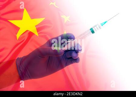 Chinesischer Coronavirus-Impfstoff, Konzept Bild über Pandemie von Covid-19 in der Welt, Raum für Text, Layout Stockfoto