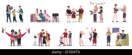 Familienaktivitäten. Mutter, Vater und Kinder spielen, kochen und dekorieren Haus zusammen Vektor-Illustrationen. Glückliche Familie aktive Erholung Stock Vektor