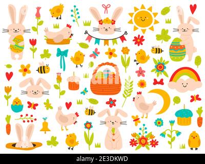 Osterelemente im Frühling. Eier, Kaninchen, Blumen und Hühner, niedliche ostern Thema Symbole. Urlaub ostern Symbole Cartoon Vektor Illustration Set Stock Vektor